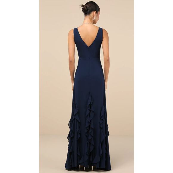 TUE Lulus Alorna Dark Navy Sleeveless Ruffled Maxi Dress Size L NWT - Picture 7 of 8